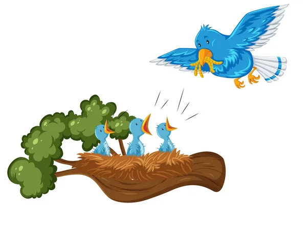 Vogel Voeden Worm Aan Kuikens Het Nest Illustratie — Stockvector