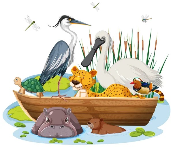 Muchos Animales Barco Ilustración — Archivo Imágenes Vectoriales