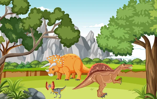 Сцена Динозаврами Лесной Иллюстрации — стоковый вектор