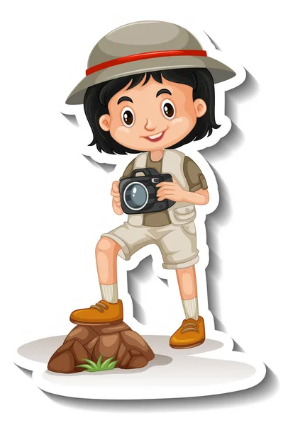 Mädchen Safari Outfit Cartoon Figur Aufkleber Illustration — Stockvektor