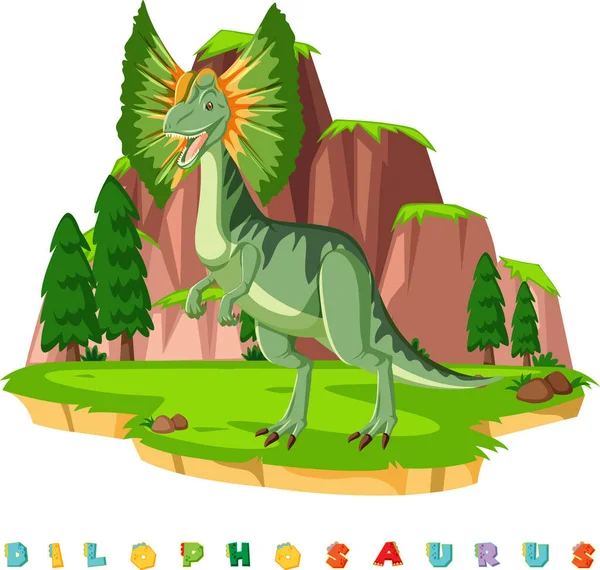 Dinozaur Wordcard Dla Ilustracji Dilofozaura — Wektor stockowy