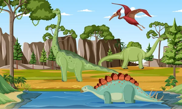 Dinosaurus Pravěké Lesní Scéně Ilustrace — Stockový vektor