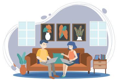 Ofis illüstrasyonunda dizüstü bilgisayarı kullanarak takım çalışması