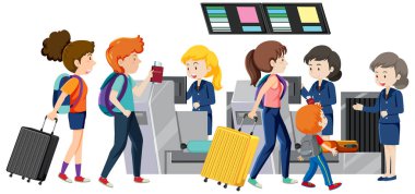 Kayıt gişesindeki yolcular servis elemanlarının çizimleriyle birlikte