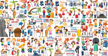 Seyahat illüstrasyonu için çizgi film karakteri ve nesnesi kümesi