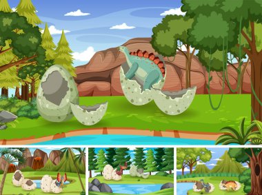 Orman illüstrasyonunda dinozorların oynadığı sahne