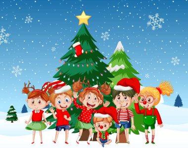 Noel ağacı resimli Noel kostümlü çocuklar