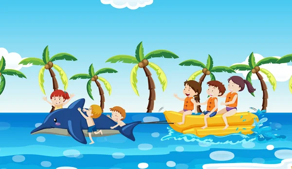 Διακοπές Παιδιά Tiding Μπανάνα Βάρκα Εικονογράφηση — Διανυσματικό Αρχείο