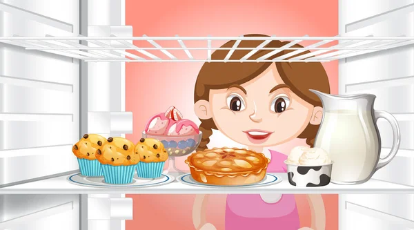 Chica Mirando Interior Nevera Con Ilustración Alimentos — Vector de stock