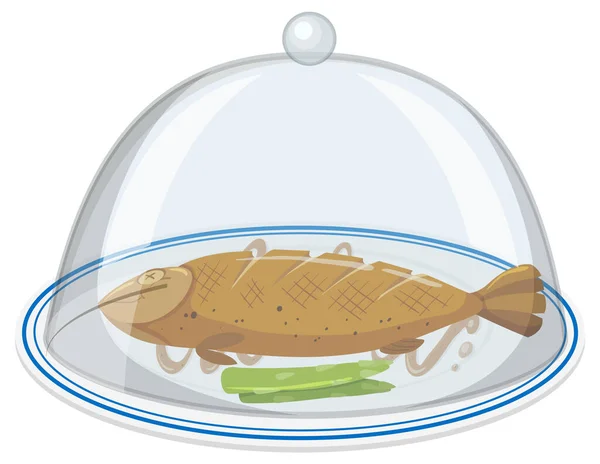 白地にガラスカバー付き丸皿上の焼き魚イラスト — ストックベクタ