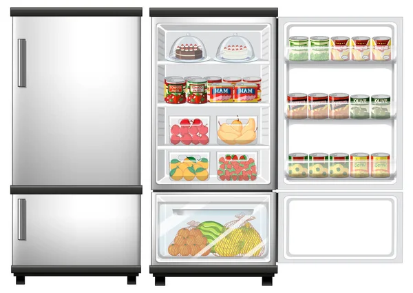Lednice Zavřené Otevřené Dveře Spoustou Potravin Ilustrace — Stockový vektor