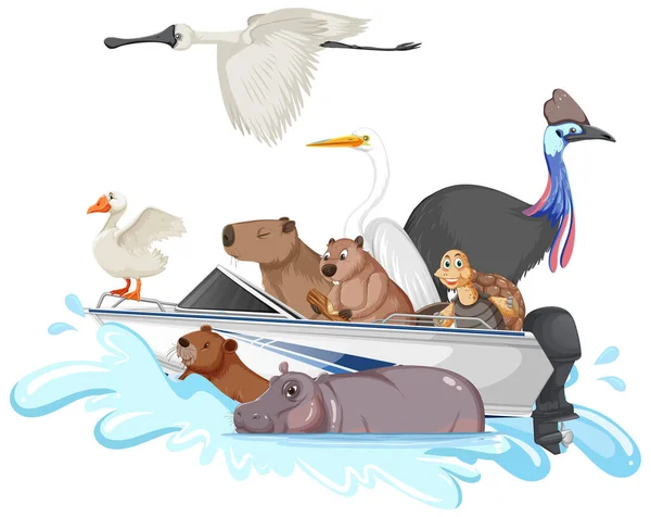 Nombreux Animaux Sur Illustration Bateau — Image vectorielle