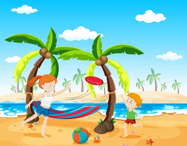 Σκηνή Αγόρι Και Κορίτσι Παίζει Φρίσμπι Στην Παραλία Εικονογράφηση — Διανυσματικό Αρχείο