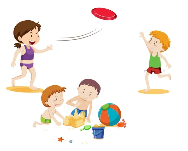 Set Kids Playing Beach Illustration — Stock Vector