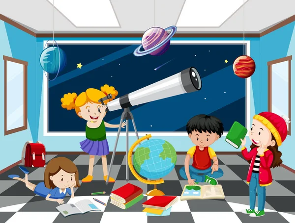 一个孩子在天文台用望远镜观看行星图解 — 图库矢量图片