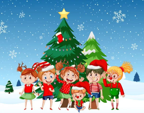 Niños Trajes Navidad Con Ilustración Árbol Navidad — Vector de stock