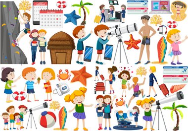 Seyahat illüstrasyonu için çizgi film karakteri ve nesnesi kümesi