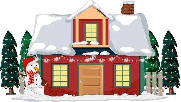 Casa Innevata Con Stringa Luce Natale Pupazzo Neve Illustrazione — Vettoriale Stock