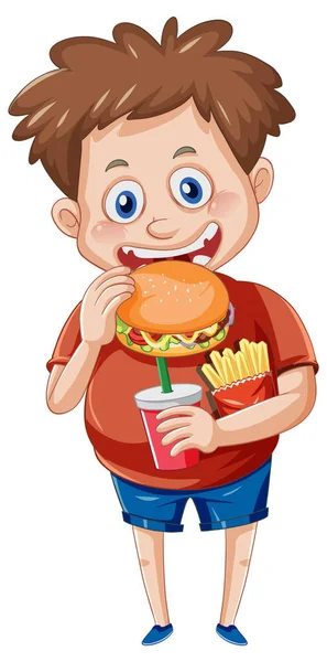Pojke Äter Snabbmat Vit Bakgrund Illustration — Stock vektor