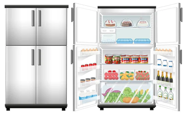 Refrigerator Closed Opened Door Lots Food Illustration — Stock Vector