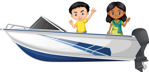 Jongen Meisje Staan Een Speedboot Een Witte Achtergrond Illustratie — Stockvector