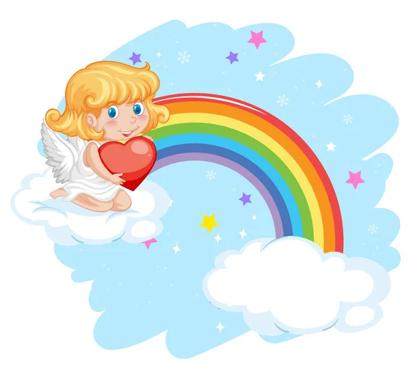 Angel Chica Sentado Nube Con Arco Iris Ilustración — Vector de stock