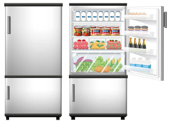 Hűtőszekrény Zárt Nyitott Ajtó Sok Élelmiszer Illusztráció — Stock Vector