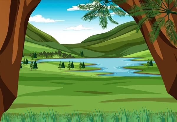 Scena Zielonymi Wzgórzami Ilustracją Rzeki — Wektor stockowy