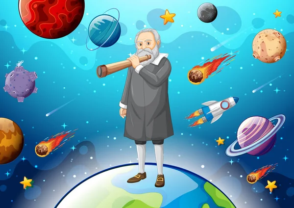 Portré Galileo Galilei Rajzfilm Stílusú Illusztráció — Stock Vector