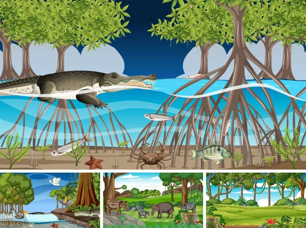 Szenen Mit Wilden Tieren Wald Illustration — Stockvektor
