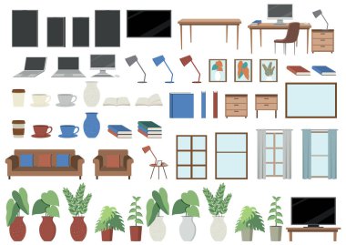 Ofis illüstrasyonunda saksı olan farklı mobilya ve dizüstü bilgisayarlar.