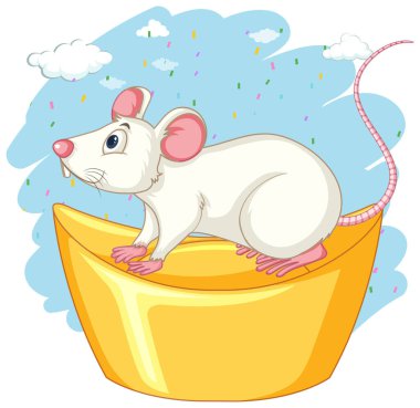 Beyaz sıçan altın resimde oturuyor.