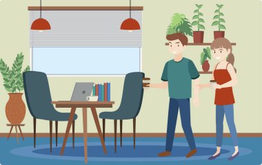 Ofis illüstrasyonunda takım çalışması birbiriyle konuşuyor.