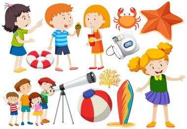 Seyahat illüstrasyonu için çizgi film karakteri ve nesnesi kümesi