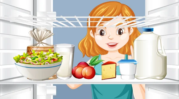 Fille Regardant Nourriture Dans Illustration Réfrigérateur — Image vectorielle