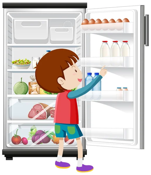 Ένα Αγόρι Και Ένα Ψυγείο Πολύ Φαγητό Απεικόνιση — Διανυσματικό Αρχείο