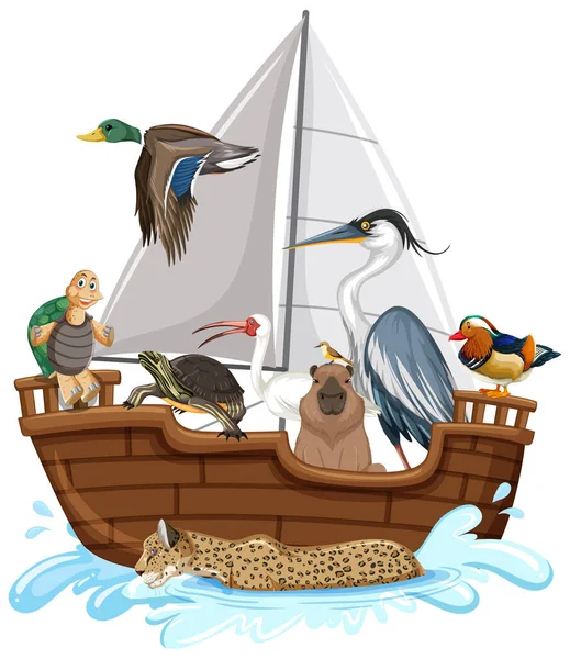 ボートのイラスト上の多くの動物 — ストックベクタ