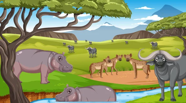 Wild Animals Savanna Forest Landscape Illustration — Stock Vector