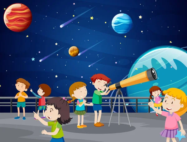 Kids Κοιτάζοντας Τον Πλανήτη Telescop Απεικόνιση Αστεροσκοπείου — Διανυσματικό Αρχείο