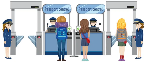 Pasajeros Caminando Través Ilustración Control Pasaportes — Vector de stock
