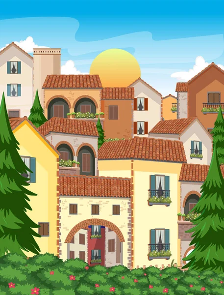 Italie Style Ville Maison Bâtiment Paysage Illustration — Image vectorielle