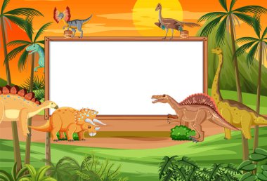 Dağlardaki ağaçların olduğu doğa sahnesi. Tabela ve dinozor resimleriyle.