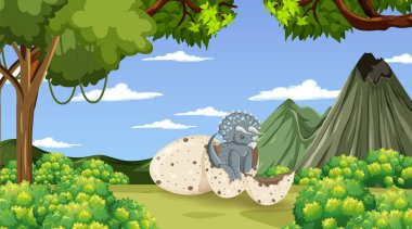 Dinozor resimli dağlardaki ağaçların olduğu doğa sahnesi