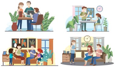 Ev illüstrasyonunda çalışan dört kişi