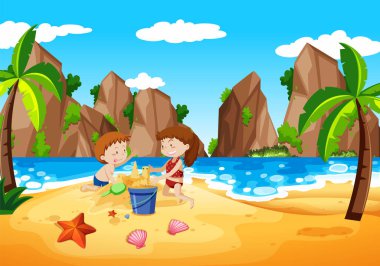 Sahne, plaj illüstrasyonundaki insanlarla dolu