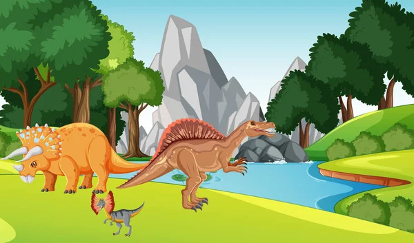 Wiele Dinozaurów Ilustracji Rzeki — Wektor stockowy