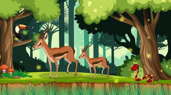 Σκηνή Άγρια Ζώα Στην Απεικόνιση Του Δάσους — Διανυσματικό Αρχείο