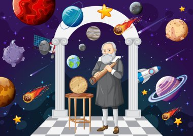 Çizgi film stilinde Galileo Galilei 'nin portresi