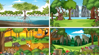 Dağlarda ağaçların olduğu doğa sahnesi. Hayvan resimli.