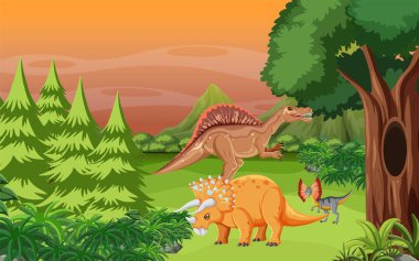Dinozor resimli dağlardaki ağaçların olduğu doğa sahnesi